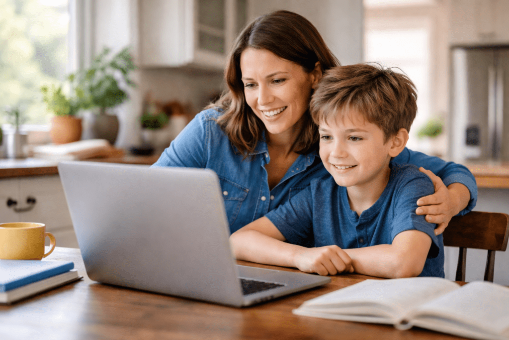 Parent and child learning together using ChatGPT on laptop at home