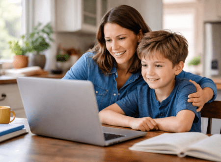 Parent and child learning together using ChatGPT on laptop at home