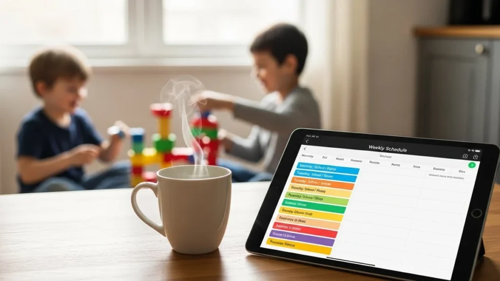 A relaxed parent drinking coffee while reviewing a digital lesson plan on a tablet.