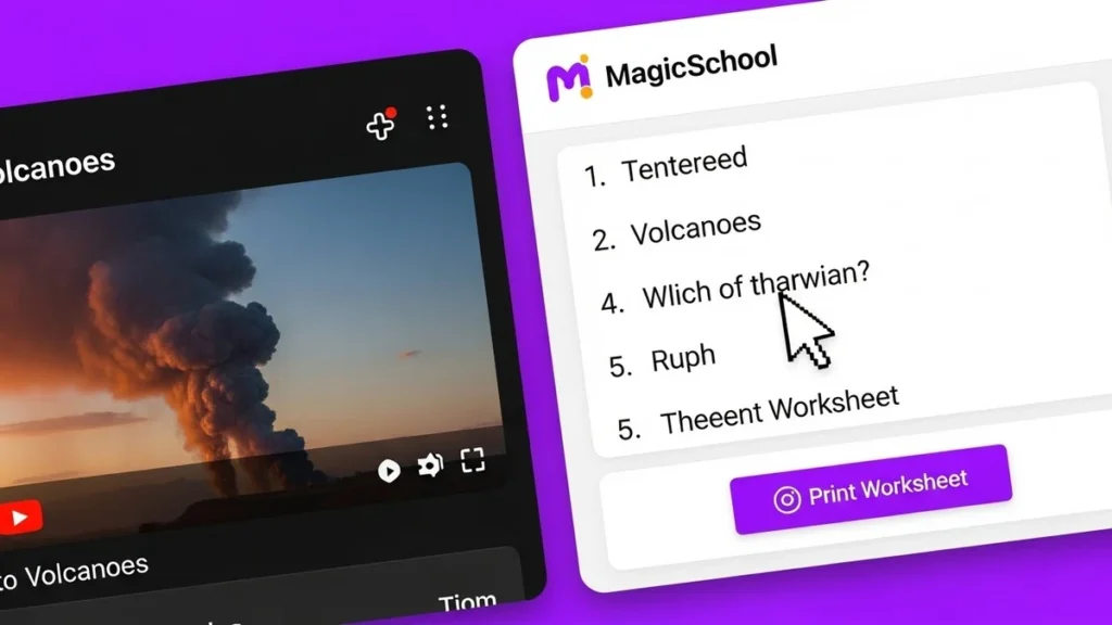 A computer screen showing the MagicSchool.ai interface with a generated quiz next to a YouTube video.