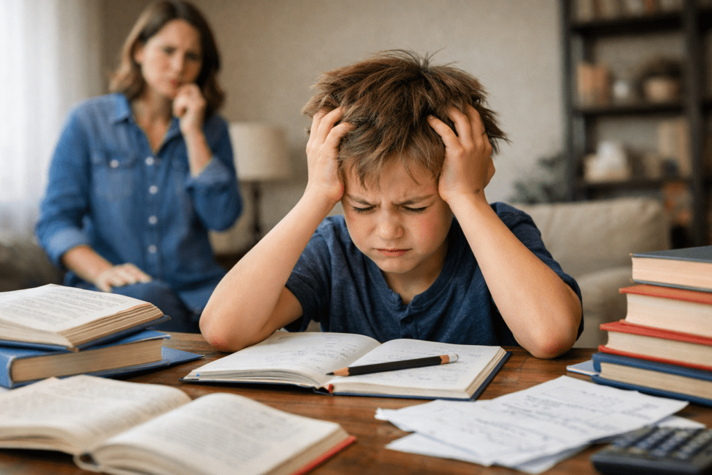 7 Effective Ways on How to Teach Kids Using ChatGPT 1 Child struggling with homework before using ChatGPT as learning tool