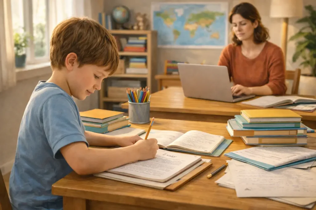 Homeschooling child writing an essay while parent prepares grading support