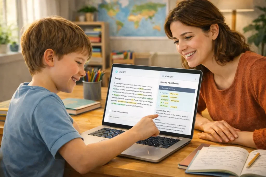 Child gaining confidence after receiving clear essay feedback at home