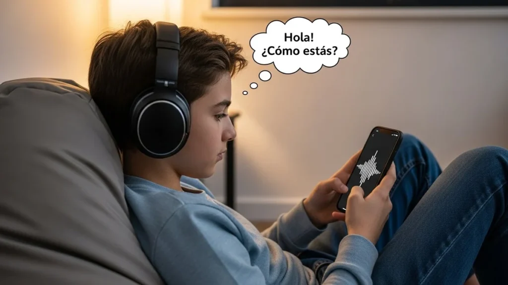 A teenager wearing headphones talking to a smartphone app for language learning.