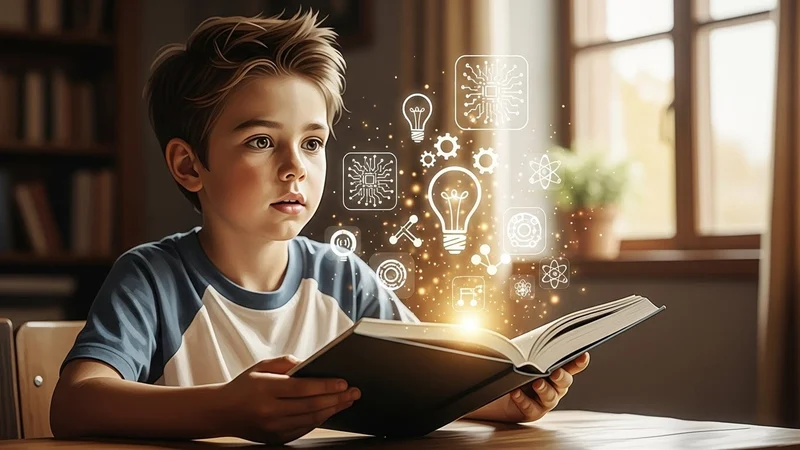 A futuristic classroom concept with a child holding a glowing book.