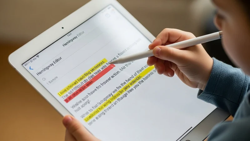 A tablet screen showing the Hemingway Editor app with colorful highlights.