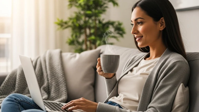 A woman drinking coffee while typing on a laptop with a relaxed expression.