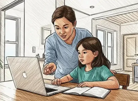 Parent guiding a child’s learning at home using AI tools