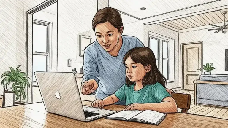 Parent guiding a child’s learning at home using AI tools