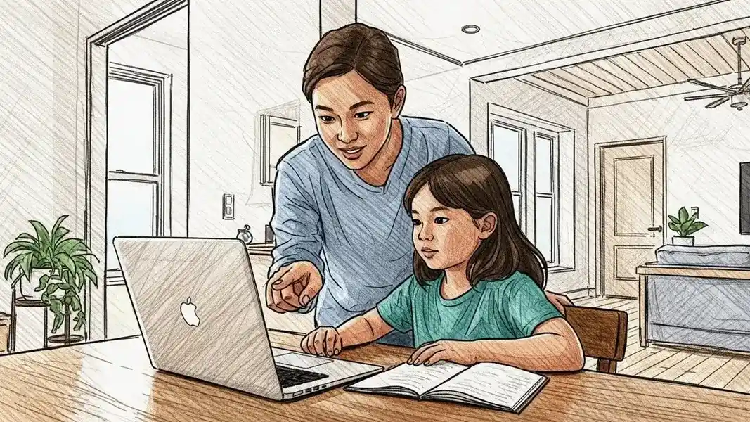 AI Supported Homeschooling - The Hidden Fix When Traditional Support Falls Short Parent guiding a child’s learning at home using AI tools