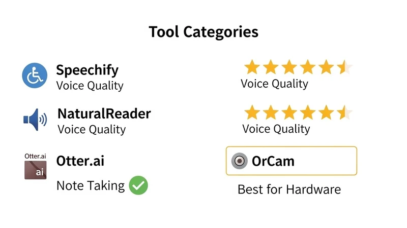 A comparison chart graphic showing icons for "Voice Quality," "Offline Mode," and "Cost" with checkmarks for different tools.