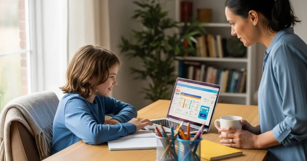 Are Online Homeschool Programs Right for You? A Complete Guide 1 A smiling elementary student working on a laptop at a kitchen table with a parent helping nearby.