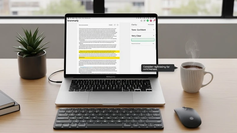 A laptop screen showing the Grammarly editor side-by-side with a messy draft, highlighting tone suggestions and clarity improvements.