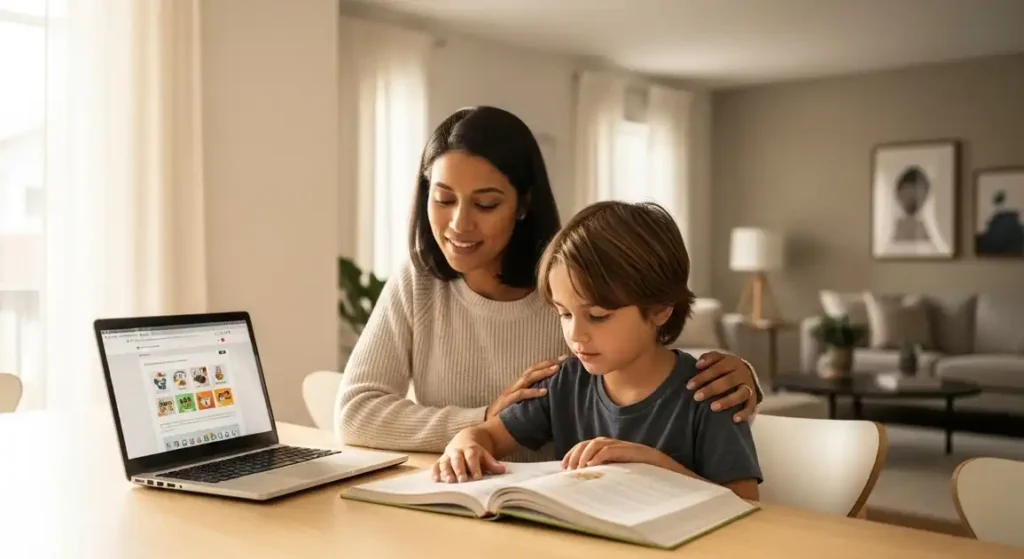 Parent tracking homeschool progress with a child at home using a simple learning system