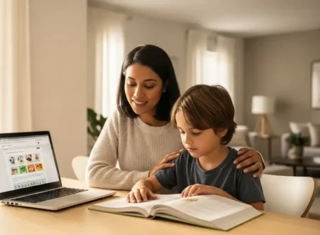 Parent tracking homeschool progress with a child at home using a simple learning system