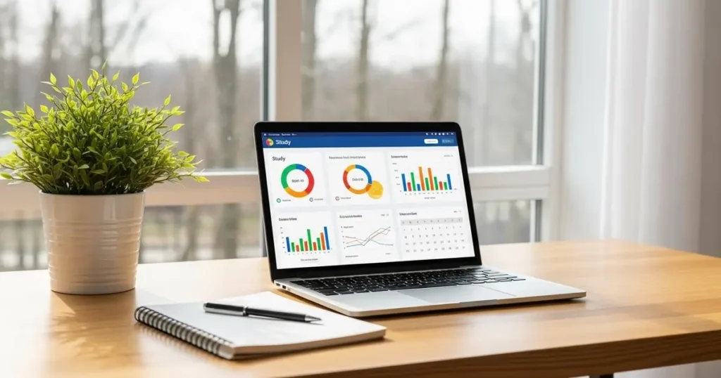 Organized desk with laptop, notebook, and natural light for online schooling for high school