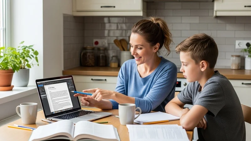 Mom and son looking at a laptop screen together smiling.