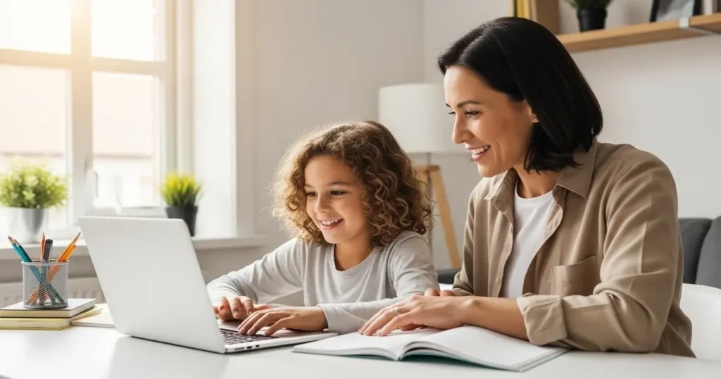 A parent helping a child study through an online homeschool program on a laptop at home