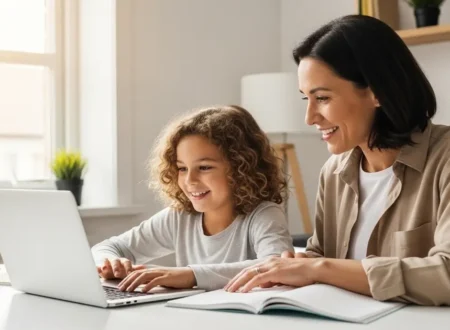 A parent helping a child study through an online homeschool program on a laptop at home