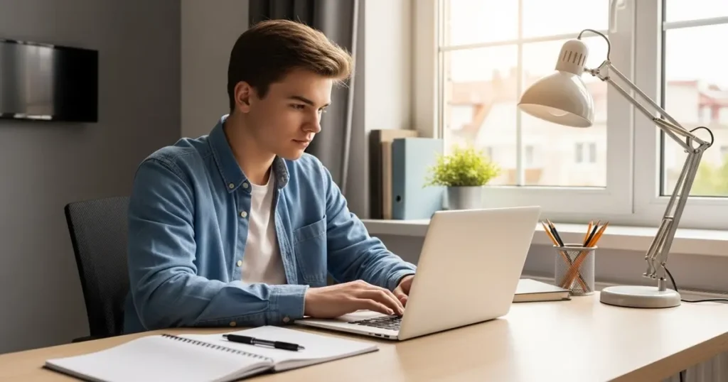 High school student studying at home using a laptop for online schooling