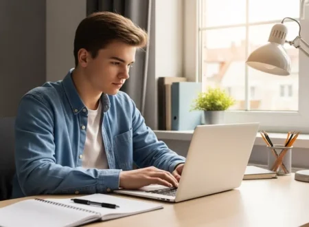 High school student studying at home using a laptop for online schooling