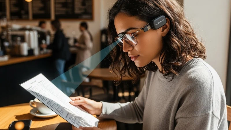 A close-up side profile of a person wearing glasses with a small, sleek black device (OrCam) attached to the frame, pointing towards a book.