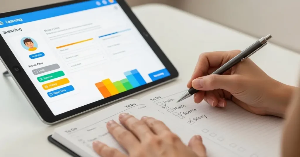 Are Online Homeschool Programs Right for You? A Complete Guide 2 A parent writing in a planner with a tablet showing a homeschool curriculum dashboard.
