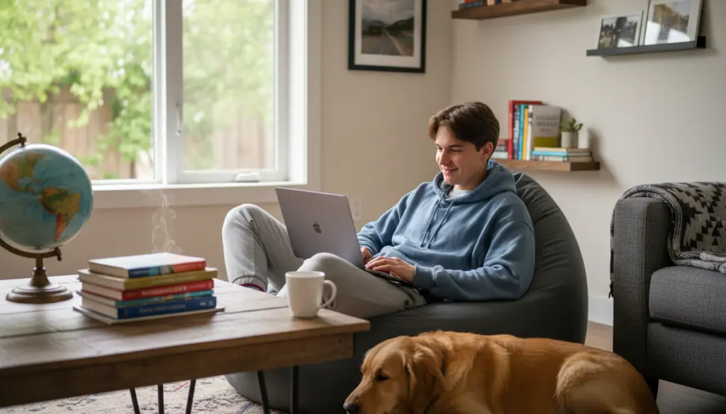 Complete Guide to Time4Learning Homeschool Curriculum: Features, Costs, and Reviews 3 Person working on laptop, dog resting.