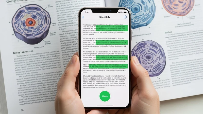A smartphone displaying the Speechify app interface scanning a physical textbook page with a play button overlay.
