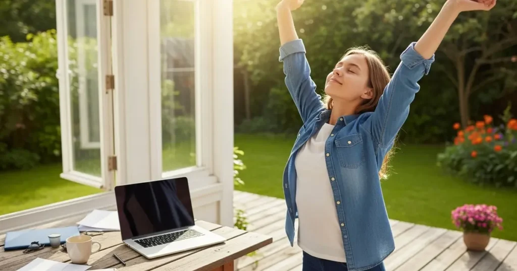 High school student stretching arms outside to take a break from online schooling