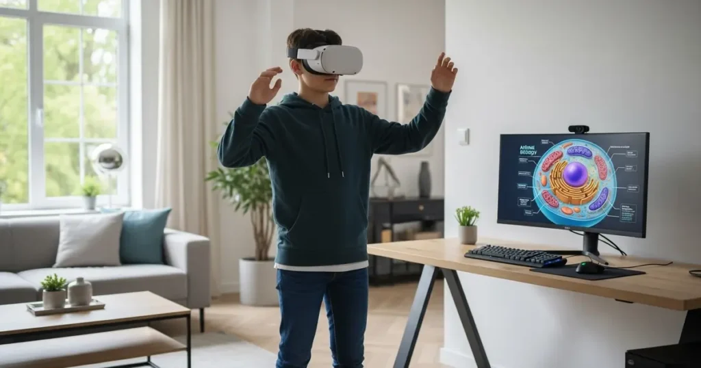 Are Online Homeschool Programs Right for You? A Complete Guide 3 A teenager wearing a VR headset holding controllers, engaged in an immersive science lesson.
