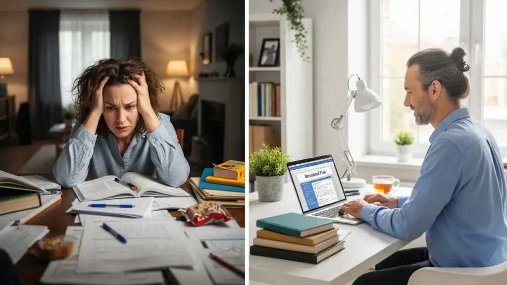 Before and after comparison of stressed homeschool parent with papers versus calm organized AI lesson planner homeschool setup