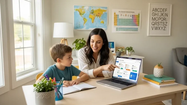 Best AI Tools for Homeschool Beginners in the USA (2026 Guide) Parent using AI tools for homeschool lesson planning in the USA