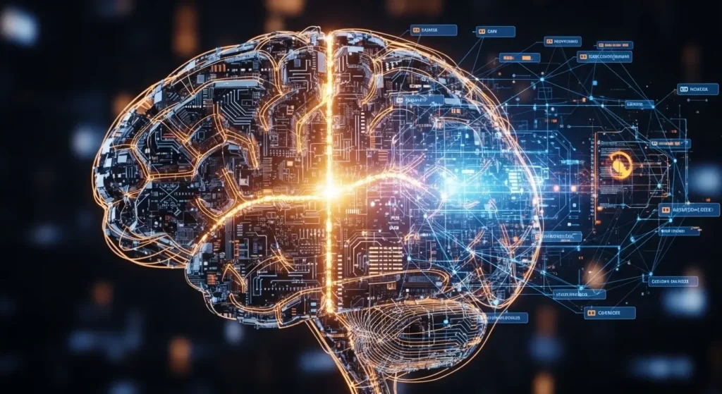 Abstract digital brain showing AI assistive technology for dyslexia supporting cognitive writing.