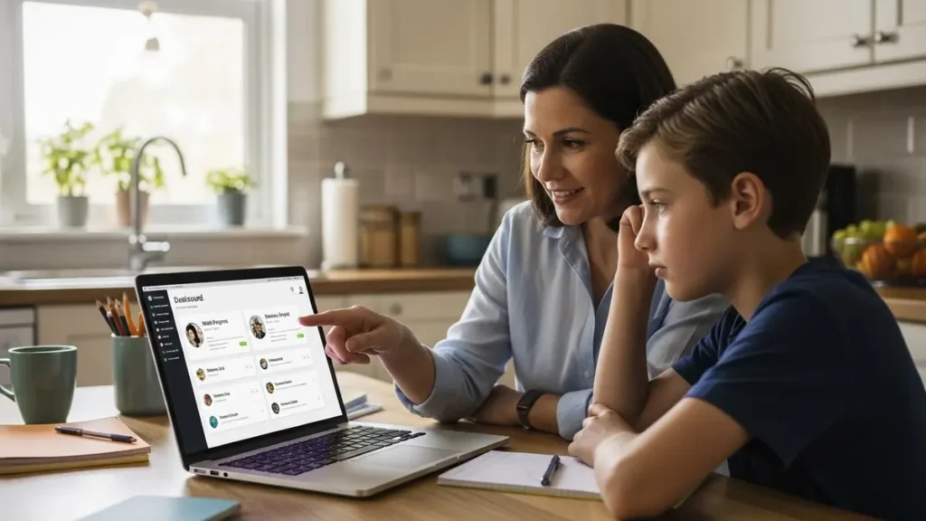 Homeschool parent reviewing 8th grade online curriculum with middle school student