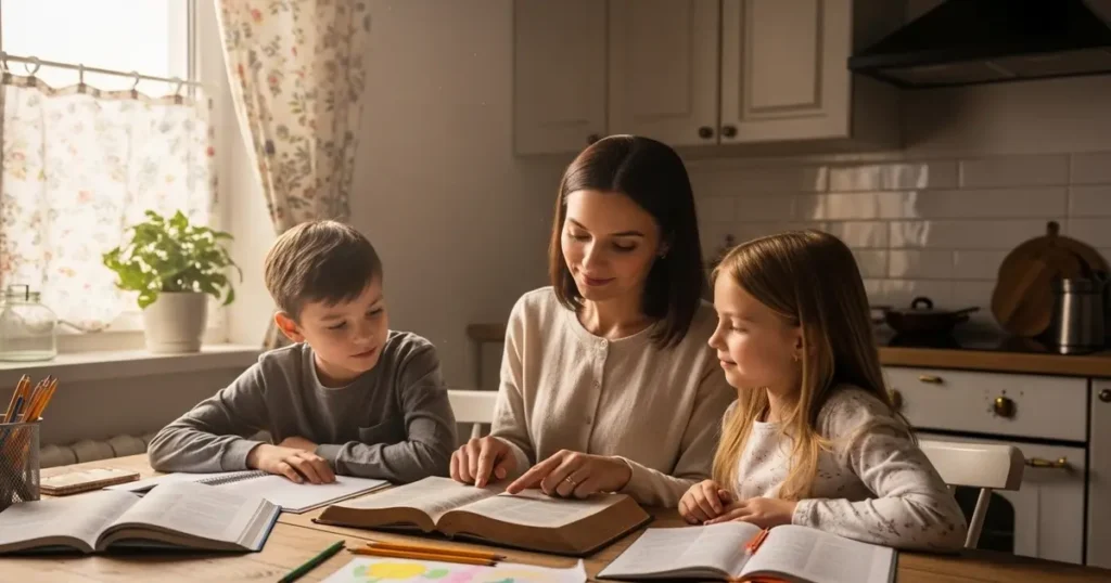 Christian homeschool curriculum setup with mother teaching children Bible-based lessons at home