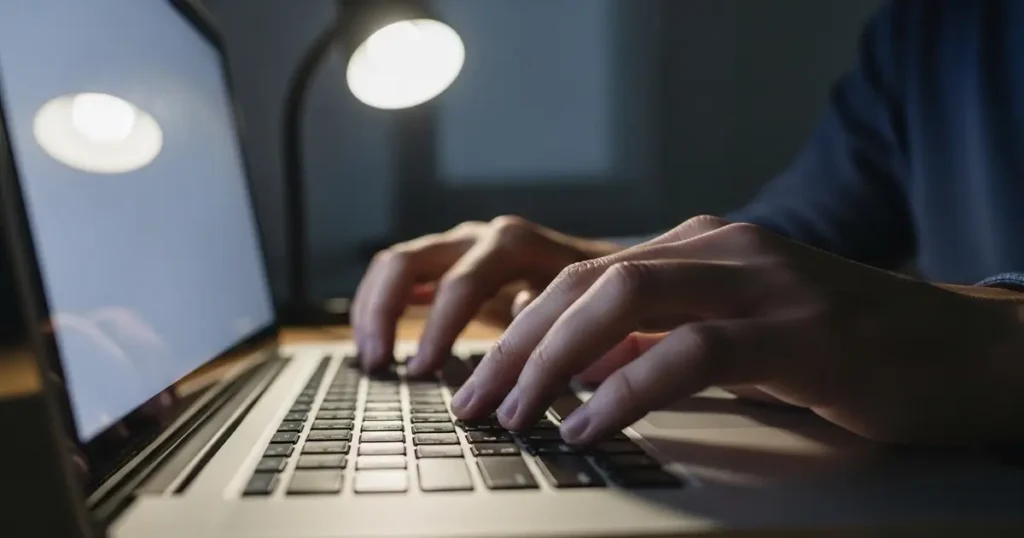 Close-up view of hands typing on a laptop keyboard with a notebook and pen nearby, focusing on creating specific prompts for lesson planning.