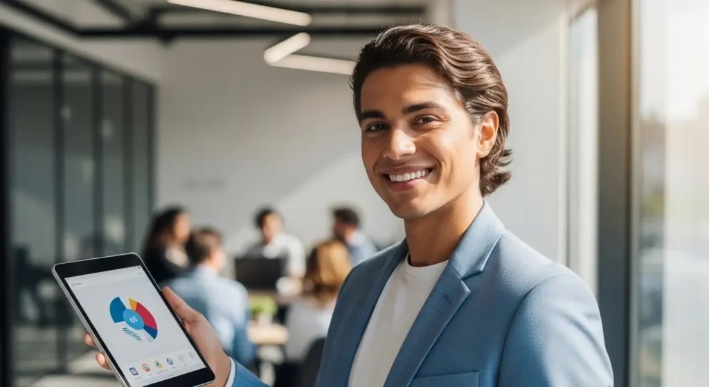 Empowered professional holding a tablet in a modern office.