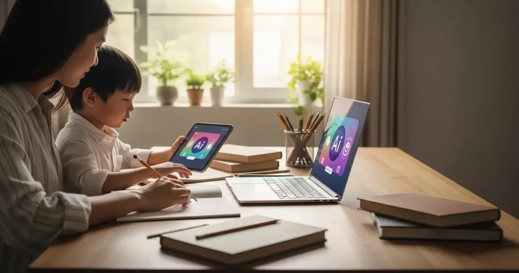 Free AI educational tools for homeschooling helping a parent and child study together at home