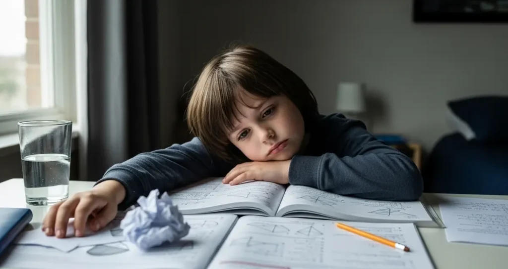 Young girl looking frustrated and holding her head while sitting at a desk with an open math workbook and scattered pencils.