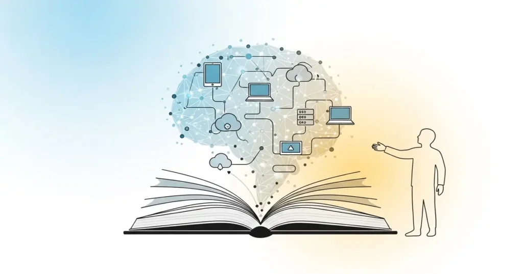 A stylized illustration of a child holding a book where the pages are projecting holographic solar system models, representing future education trends.
