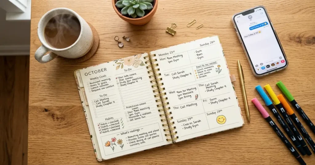 A homeschool parent's desk featuring a planner, coffee, and a smartphone using ChatGPT.