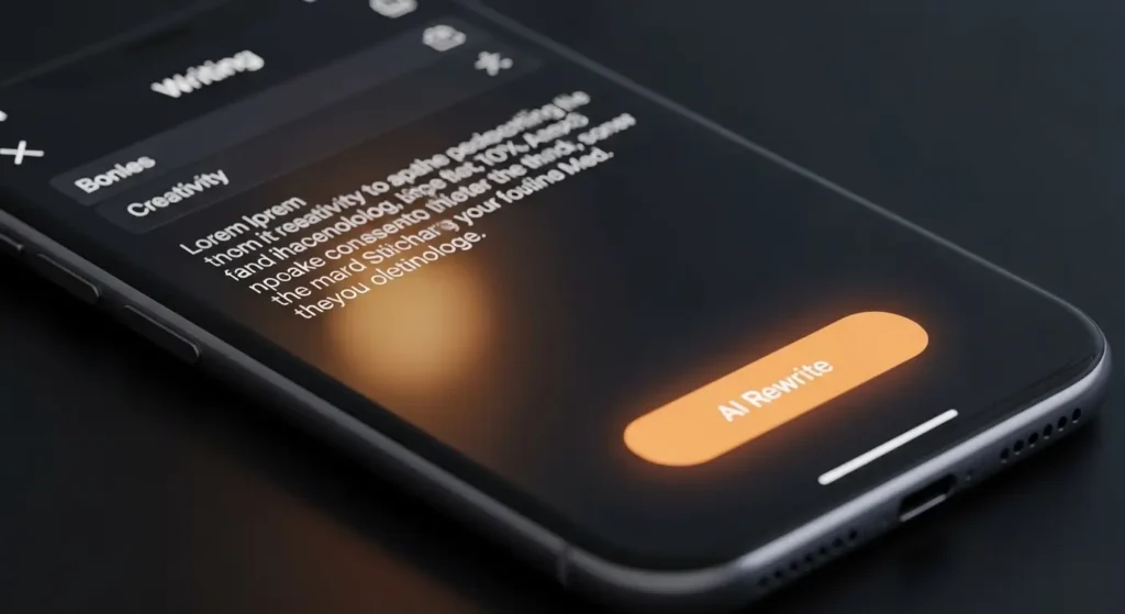 Smartphone interface with an AI rewrite button for dyslexic users.