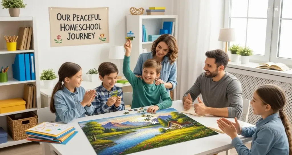 A mother and her pre-teen son high-fiving over a laptop and notebook at a kitchen island.
