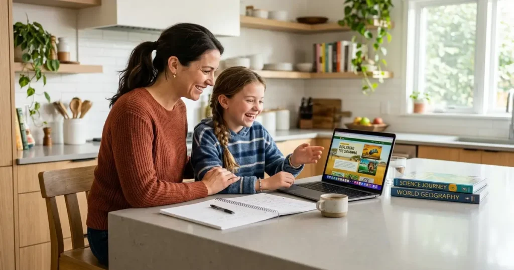 A mother and daughter learning how to use ChatGPT for homeschooling on a laptop.