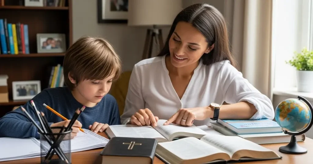 Mother providing one-on-one support using Christian homeschool curriculum at home