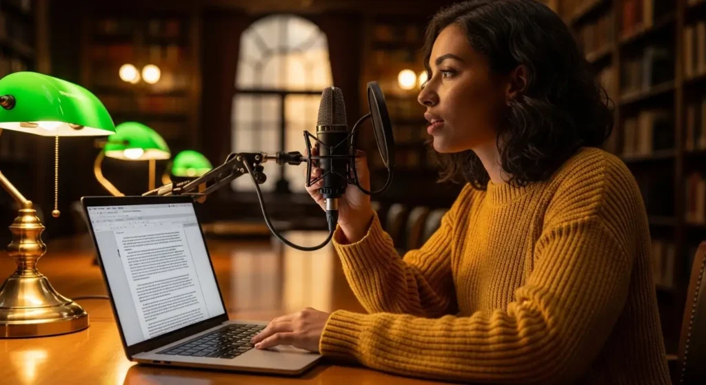 College student using AI assistive technology for dyslexia for an essay dictation.