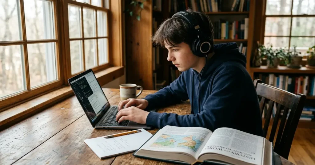 A teenage homeschool student using ChatGPT as an interactive tutor for history lessons.