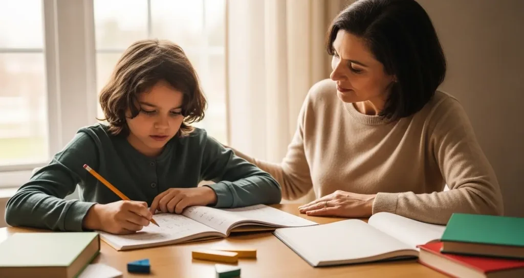 Parent helping a child during homeschool math time after curriculum frustration