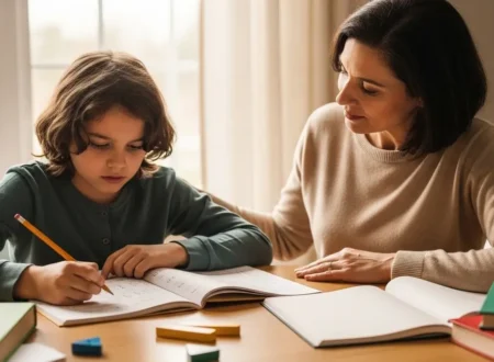 Parent helping a child during homeschool math time after curriculum frustration